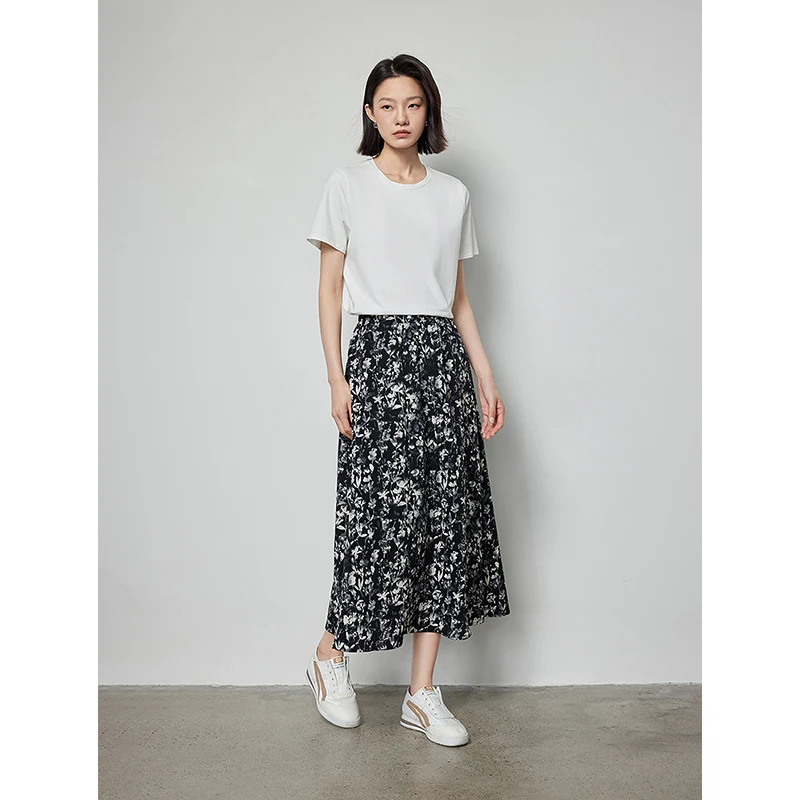 TOYOUTH Women Skirt Summer High Elastic Waist A-shaped Oil Floral Print Fashion Elegant Daily Holiday Mid-length Skirt