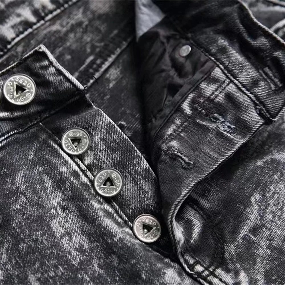 Summer Spliced Men's Jeans 3D Marble Style Slim Fit Black Grey Gradient Pants High Elastic High Street Dirty Resistant  EH · MD®