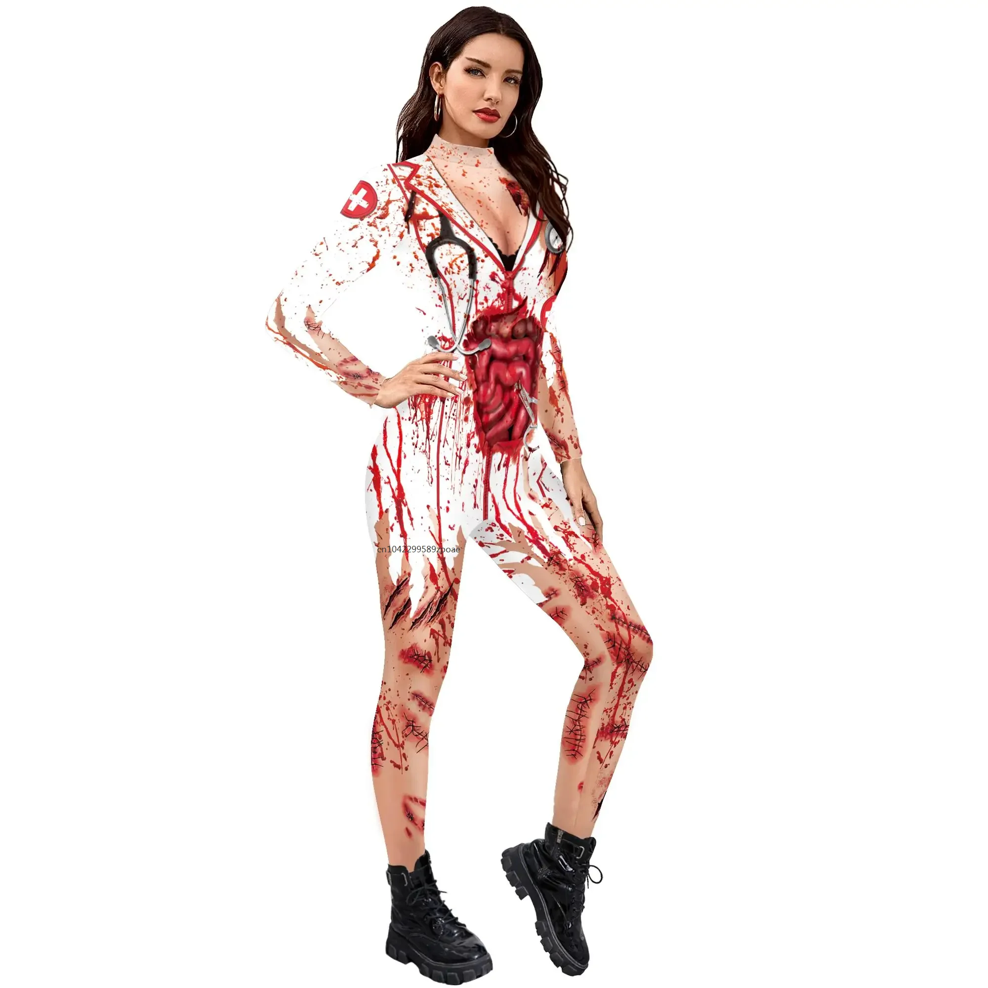 

Halloween Carnival Women Jumpsuits Funny Cosplay Long Sleeve 3D Stretch Skinny Zentai Bodysuit One Piece Outfit Costume 2024