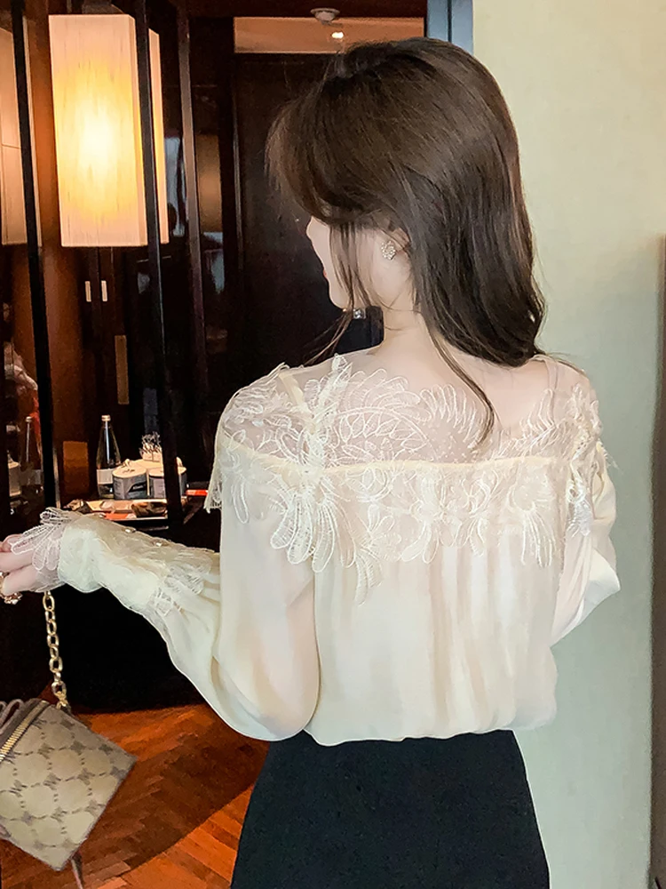 French Vintage Floral Blouses Women Long Sleeve O-Neck Shirts Lace Shirts Famale Sexy Lace Elegant Tops Ladies 2023