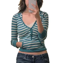 

Women's Knit Tops Long Sleeve Stripe Print V Neck Half Button Casual Pullover Hoodie with Pocket