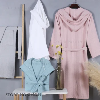 Waffle Cotton Couple Hooded Robe Sleepwear Hotel Solid Color Hooded Bathrobe Kimono Gown Yukata Loose Home Dress Lounge Wear