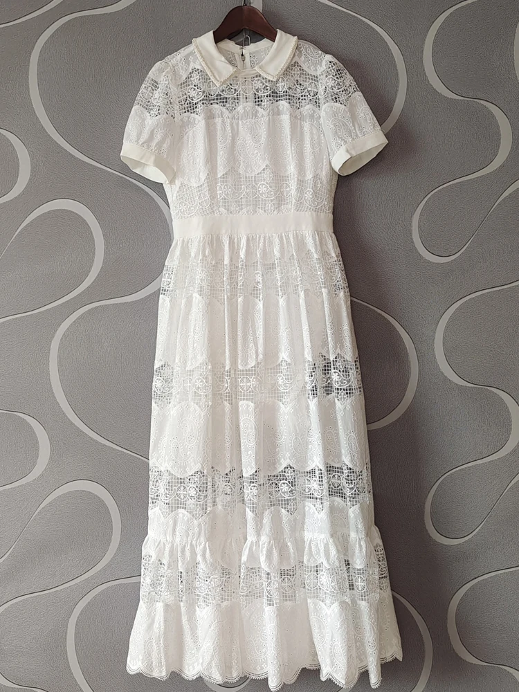

SEQINYY White Midi Dress Summer Spring New Fashion Design Women Runway High Quality Lace Hollow Out Flowers A-Line Elegant Party