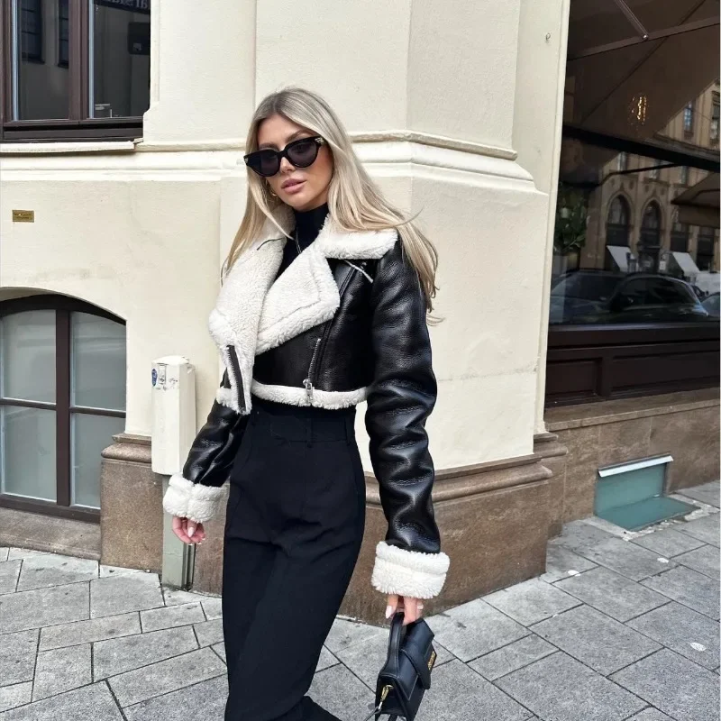 

Women Thick Lambswool Patchwork PU Leather Short Jacket Fashion Double Sided Lapel Long Sleeve Warm Winter Coats Street Outwear