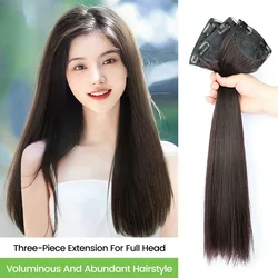 ALXNAN HAIR Synthetic Straight 3 PCS /SET Hair Extensions High Resistant Temperature Fiber Black Brown Hairpiece