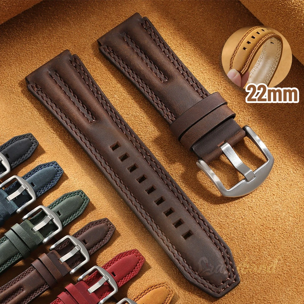 Vintage Leather Watch Band - 22mm Retro Cowhide Strap, Soft Business Style
