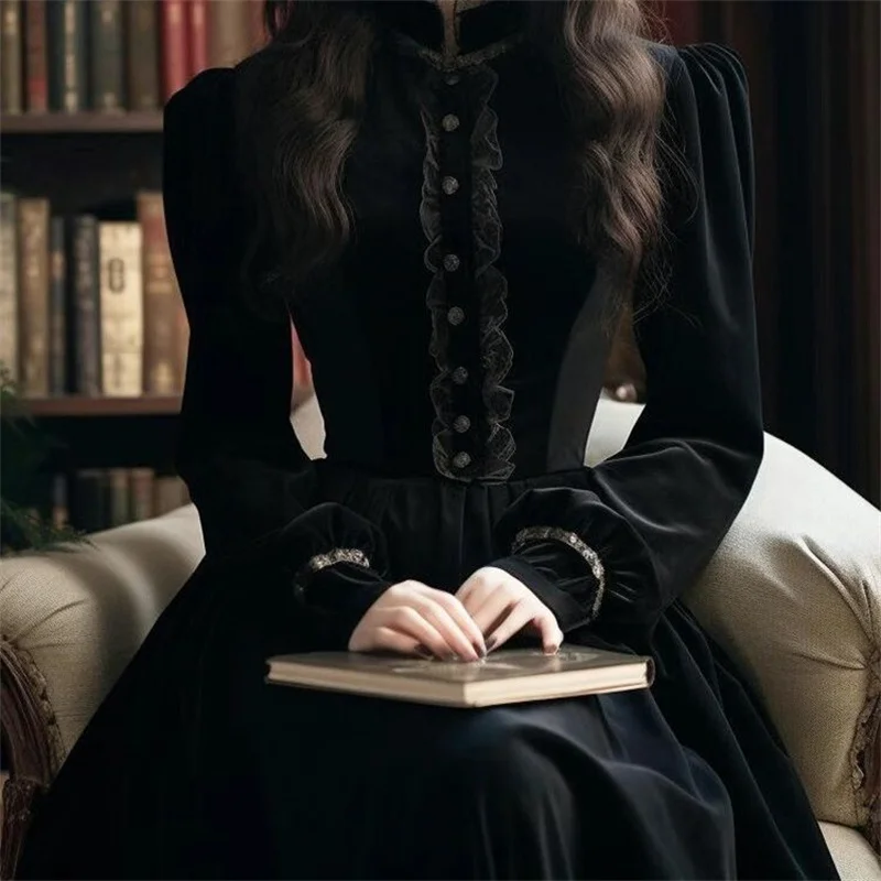 High Quality French Court Style Black Velvet Long Sleeved Dress Autumn/Winter 2024 Small Fragrant Banquet Dress Long Party Dress