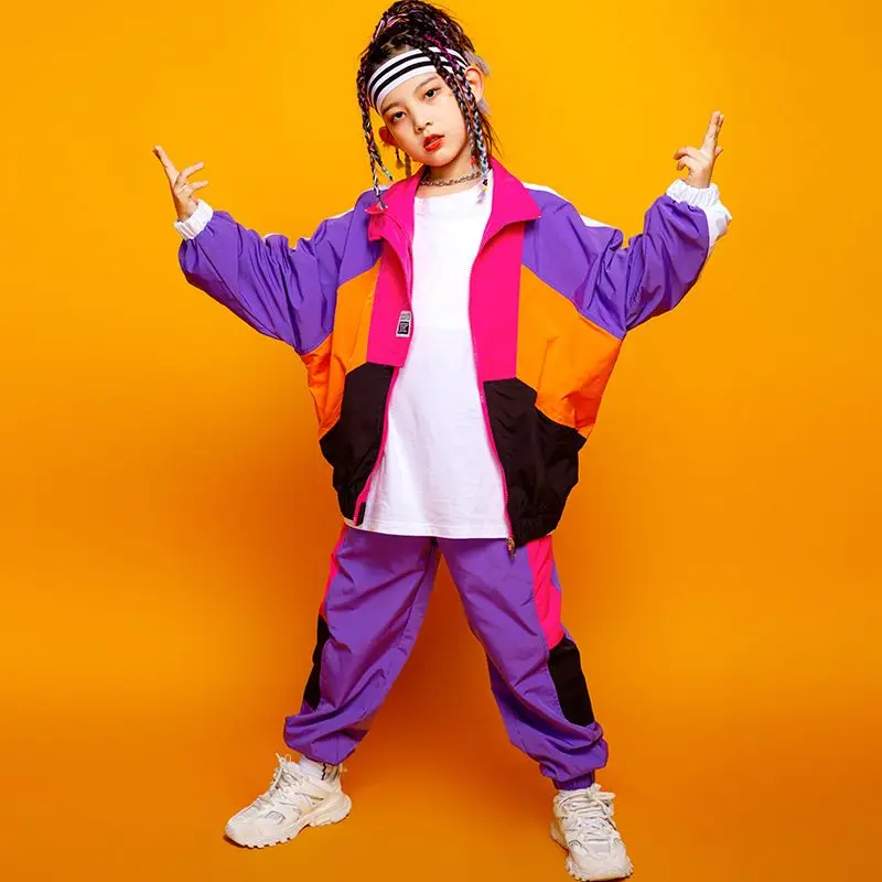 Boys Hip Hop Contrast Coat Girls Jazz Joggers Clothes Set Kids Street Dance Patchwork Jacket Sweatpants Child Costume Streetwear 3