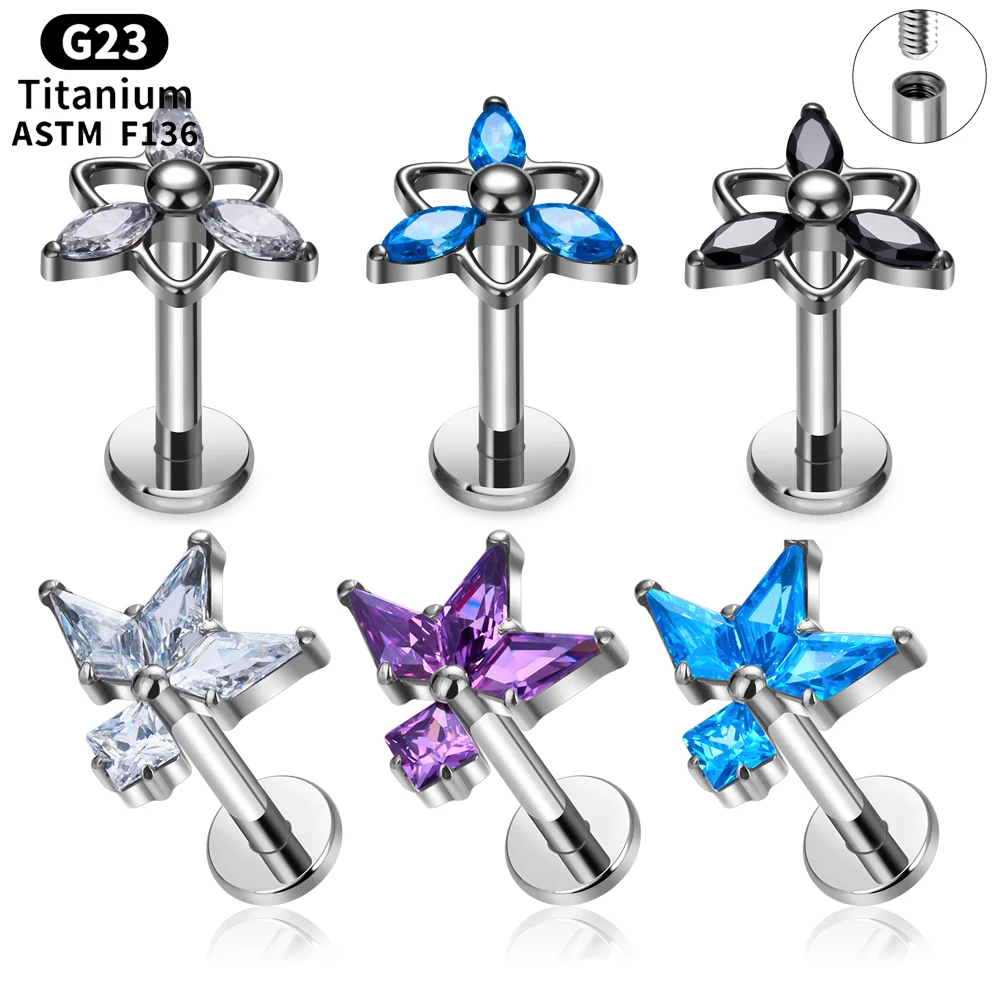 G23TitaniumInternalThreadLabretEarStudsPiercingZircon16G