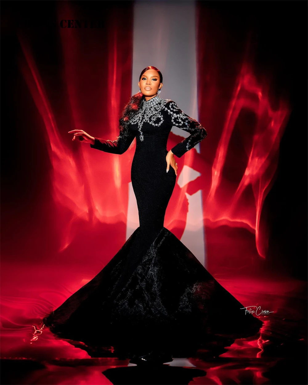

Luxious Crystals High Neck Evening Gowns Aso Ebi Mermaid Party Dress Women Elegant Luxury African Long Sleeve Ladies Dresses