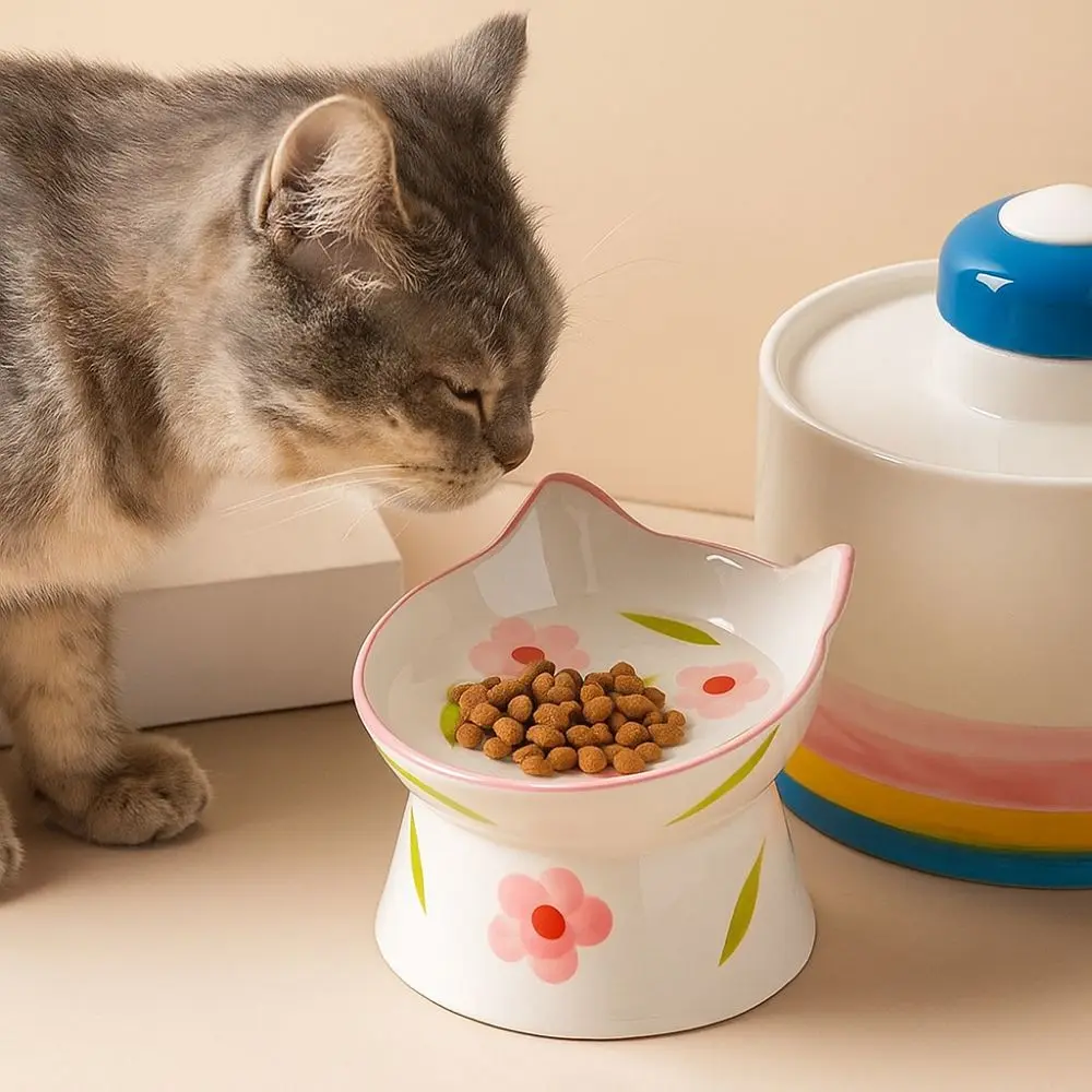 Ceramic Cat Bowl Flat/Slanted Mouth Cervical Spine Protection Pet Food Bowl Anti Tipping Handmade Pet Drinking Feeder