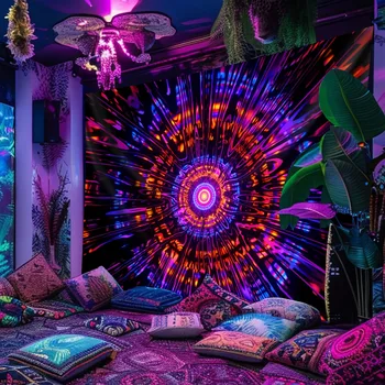Tapisserie néon psychédélique radiale: Design accrocheur, tapisserie UV tenture murale chambre décoration de fête à domicile 1