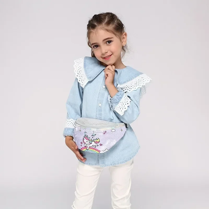 Women Girl Cartoon Unicorn Waist Bag Sequins Print Fashion Fanny Pack Children'S Shoulder Belt Bags Glitter Kids Phone Pouch