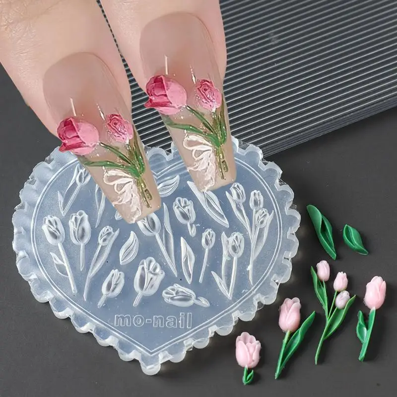 DIY Nail Art Tools, 3D Butterfly and Rose Flower Stamping, Flexible Silicone Mold, Tulip Design Manicure Template