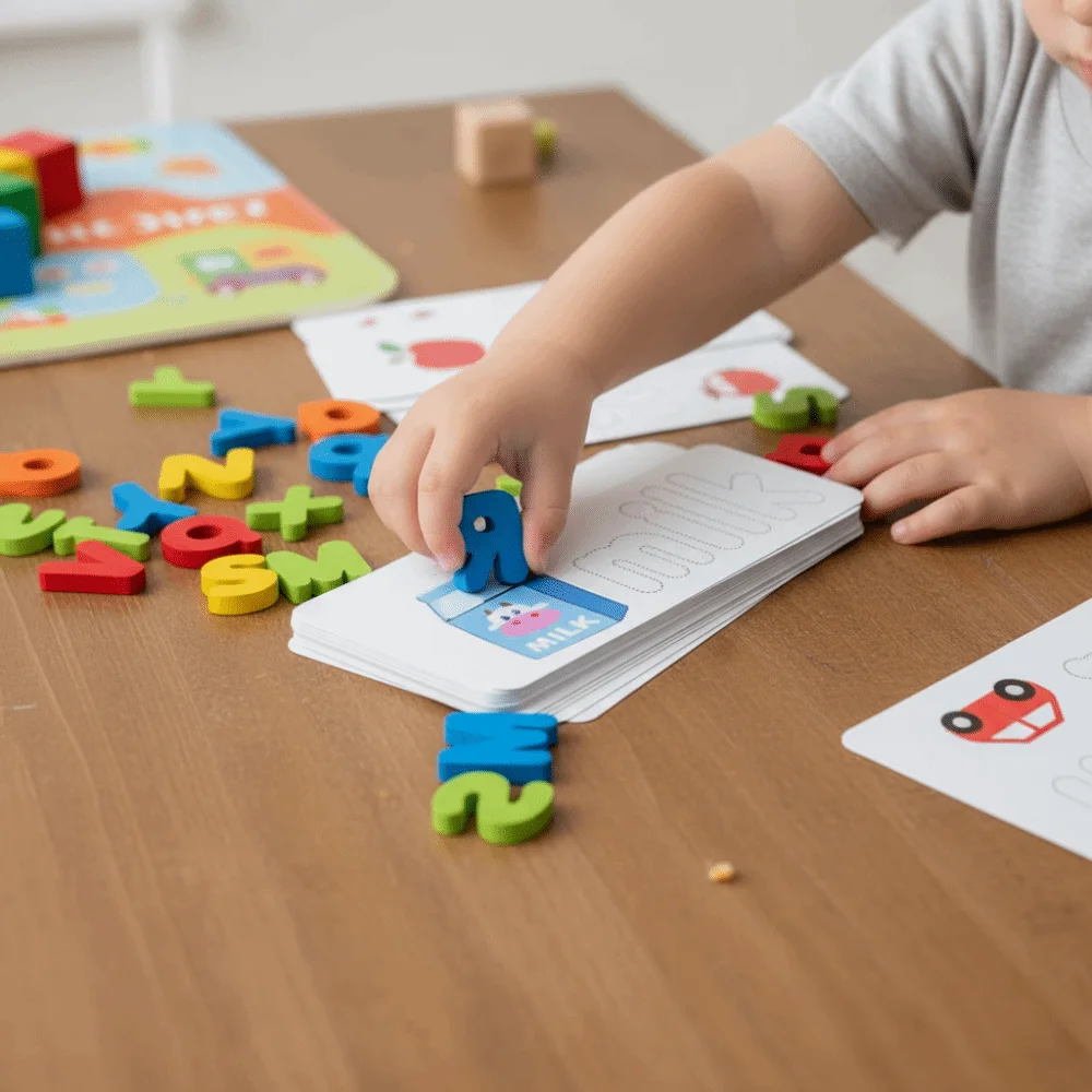 26 English Letters Wooden Word Spelling Game Double-Sided Pattern Matching Letters IQ Game Puzzle Cognitive Educational Toys