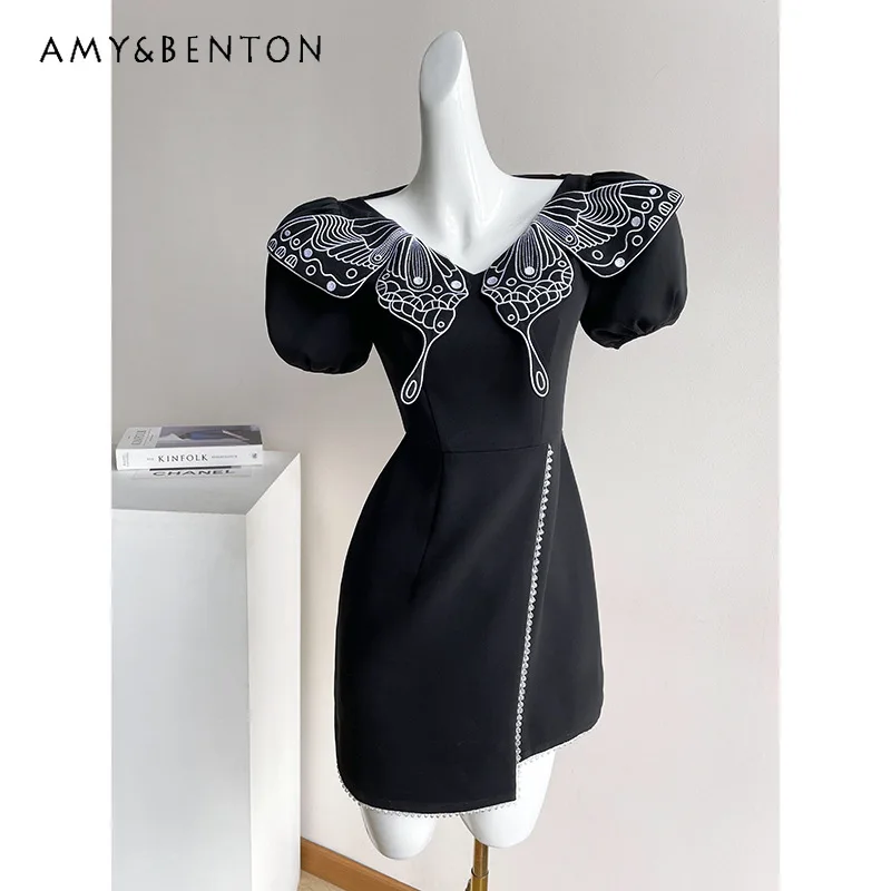 

French Style Retro Socialite Wind Black Dress Elegant Elegant Heavy Work Butterfly Embroidery Waist-Tight Asymmetric Dress