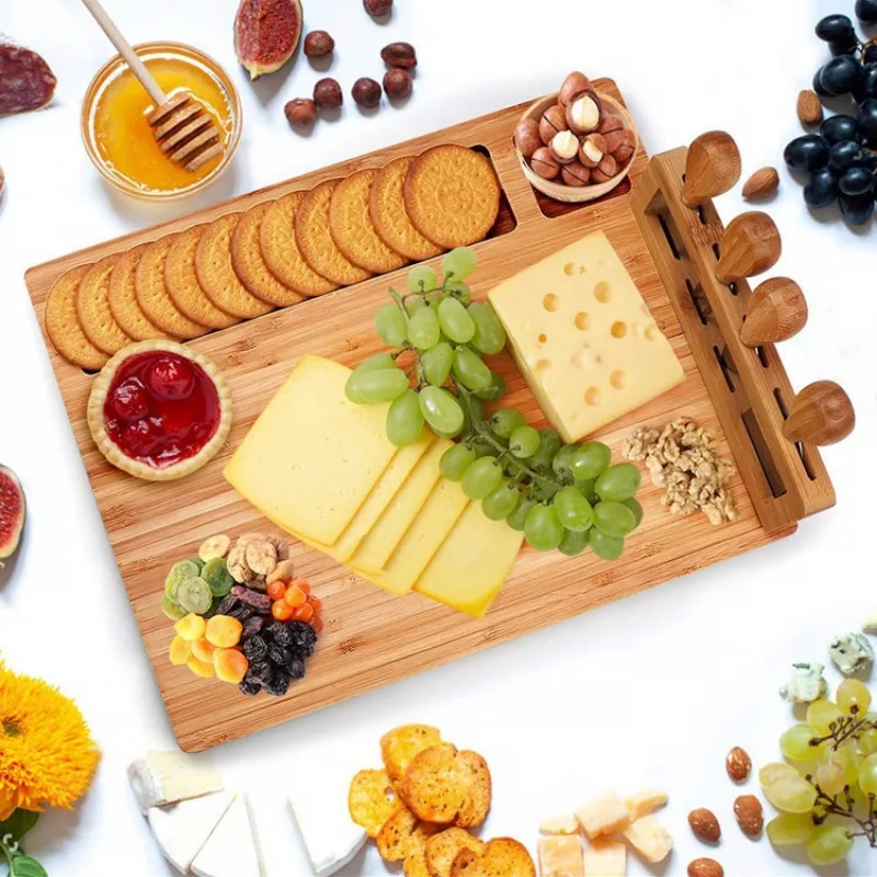 Large Bamboo Cheese Board With 4 Knives Chopping Board Set Kitchen Wooden Cutting Durable Serving Tray Natural Material