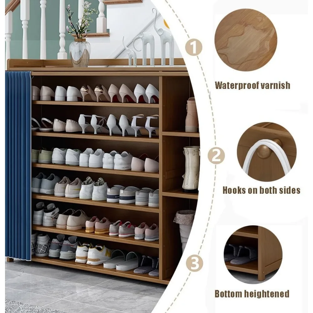 Bamboo Shoe Rack with Door Curtain, Portable Shoe Storage Organiser with 2 Hooks Heightened Bottom Easy Assembly Shelf Organiser
