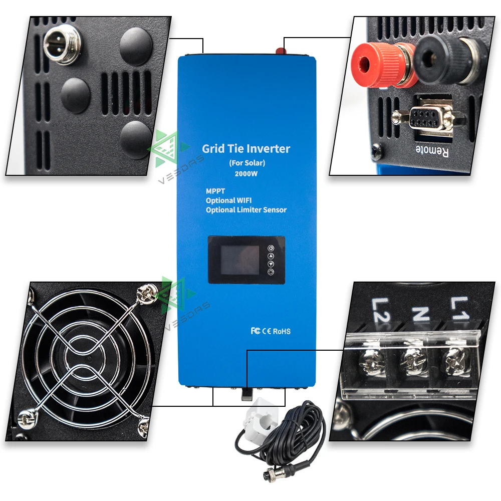 2000W 2 상 240V 태양광 인버터, 3M 리미터 센서 MPPT 그리드 타이 인버터 DC 45-90V 마이크로 인버터 컨버터
