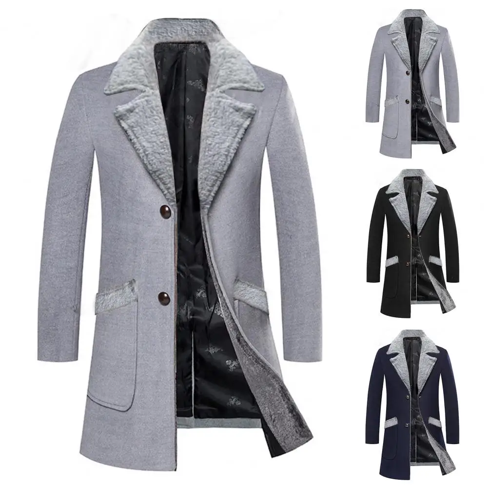 Stylish Men Business Jacket Washable Warm Overcoat Plush Collar Turn-down Collar Buttons Windbreaker Keep Warm