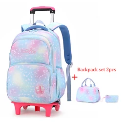 Colorful Heart-shaped Print Girls' Trolley Backpack Set Backpack with Lunch Box Carry-on Luggage School Bag for Climbing Stairs