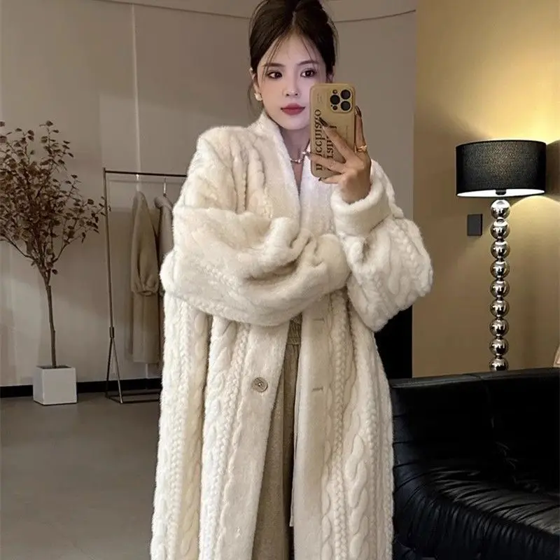 여성용 친환경 모피 코트, 긴 루즈 싱글 브레스트 가디건 스웨터, 분위기 있는 코트, 2023 가을 겨울 신상