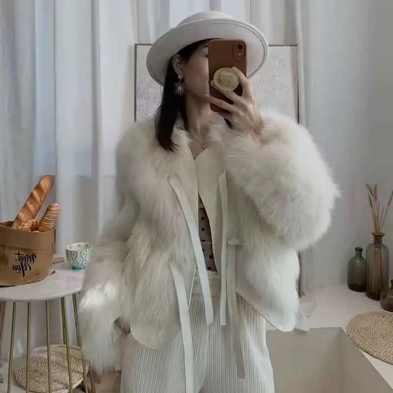 Autumn Faux Fur Crop Coat Women Y2K Fashion Streetwear O Neck Fluffy Short Fur Jacket Korean Elegant Lace Up Faux Fox Fur Parkas 4
