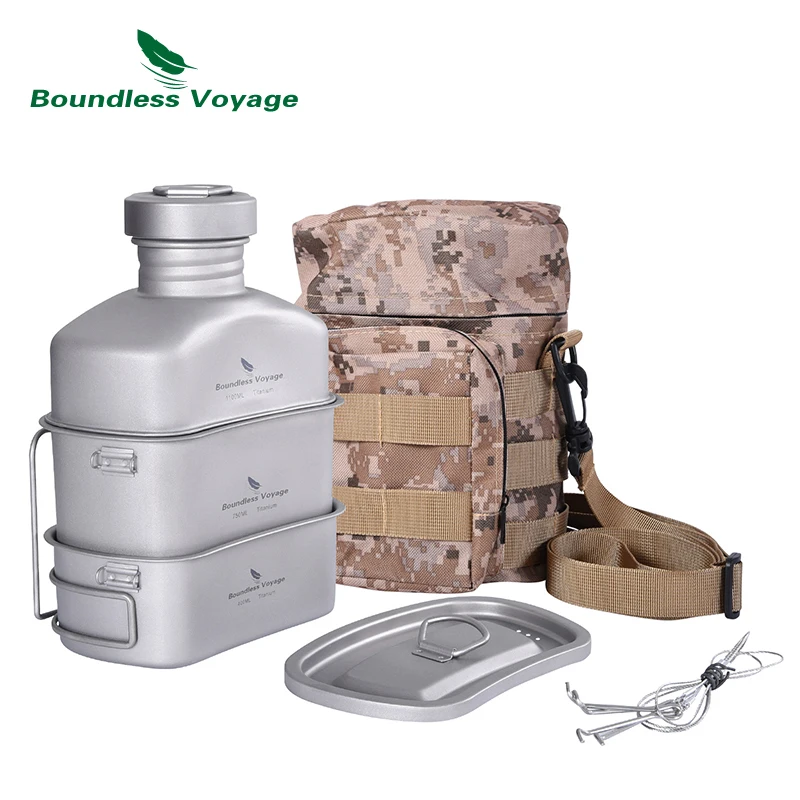 

Boundless Voyage Outdoor Military Canteen Bottle Camping Hiking Water Cups Titanium Cookware 1100ml Bottle 750ml Pot 400ml Bowl