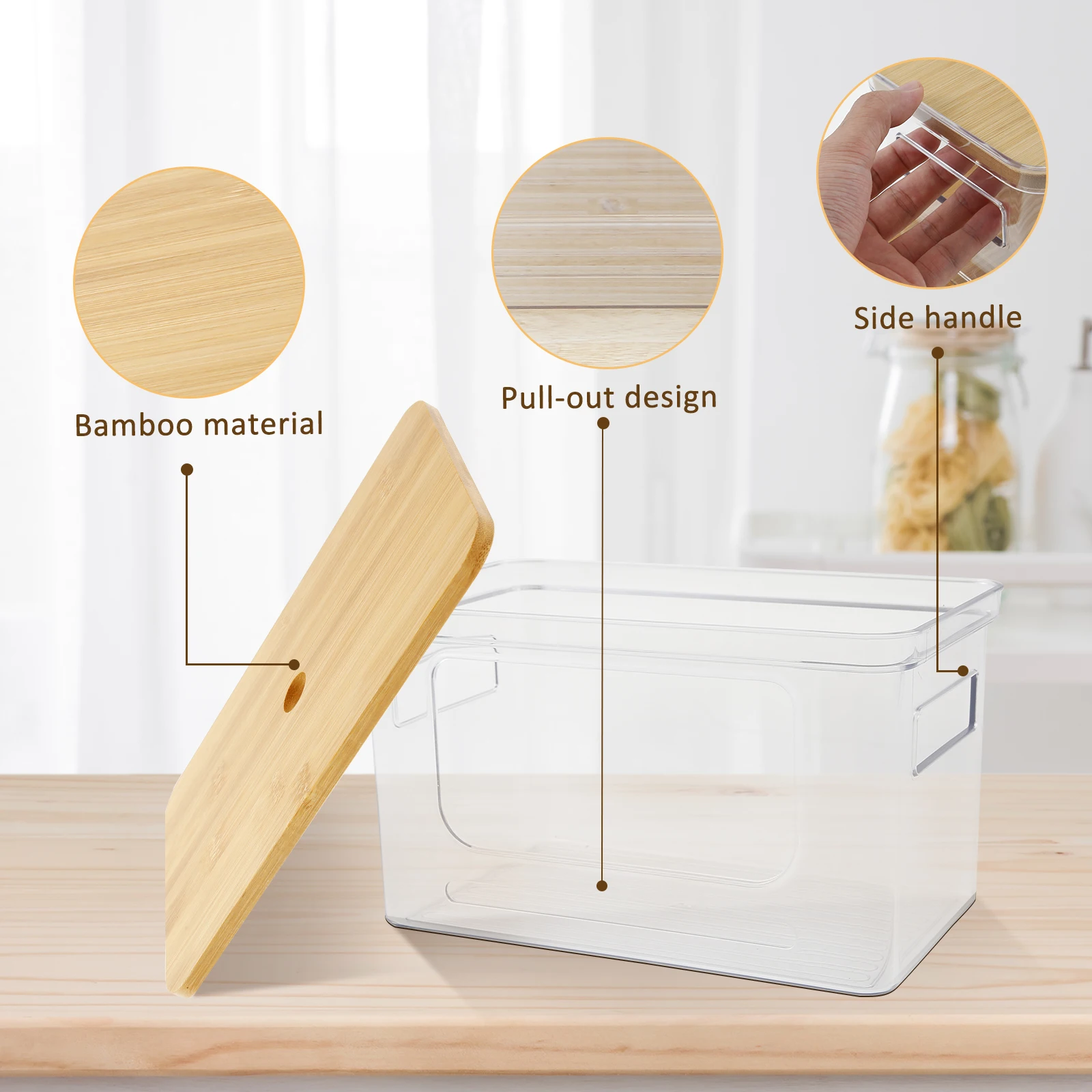2 Pcs Transparent Trash Bag Holder with Bamboo Lid Large Capacity Laundry Room Storage Box Stackable Clear Kitchen Organizer