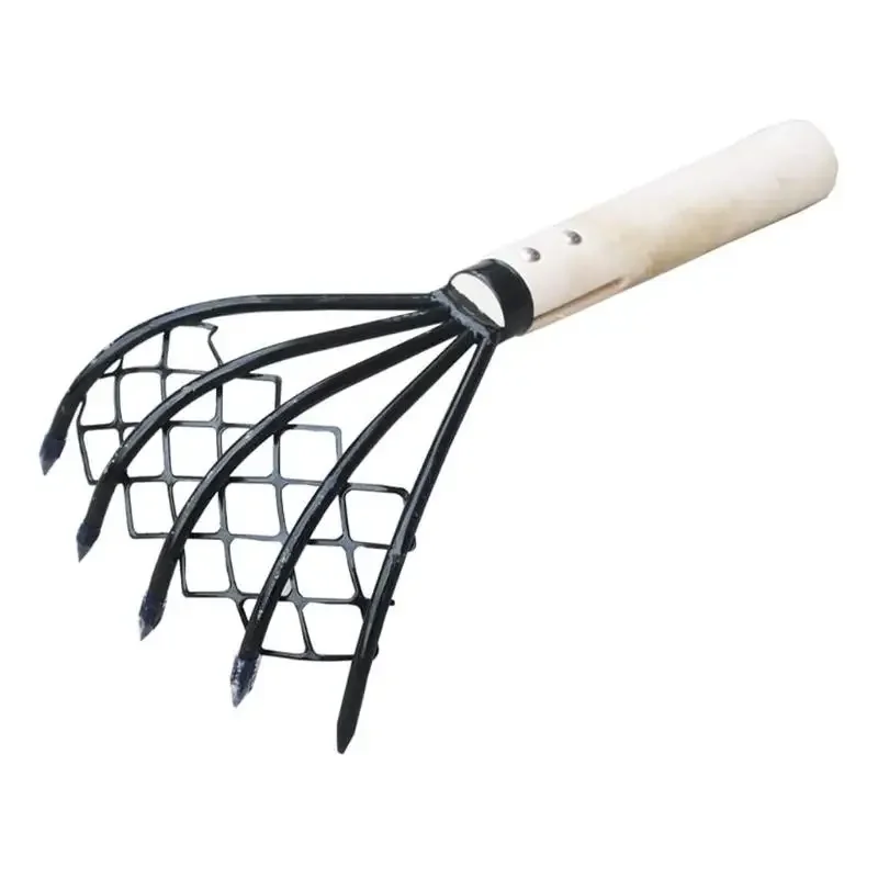 Sturdy Compact Claw Rake with Mesh Net 5-Tine Clamming Claws Long Handled for Shell Clam Digger 15 Inch Hand Rake 5
