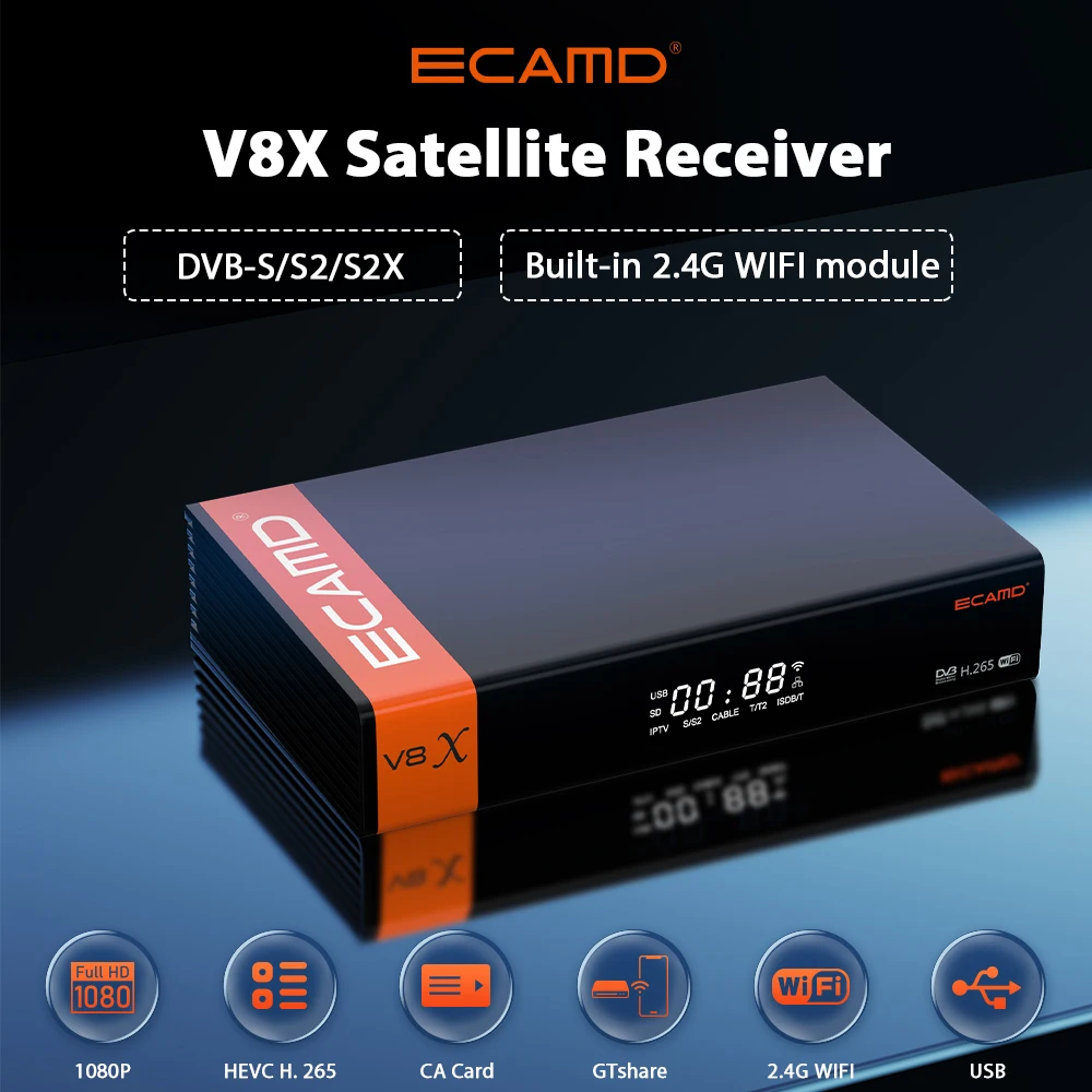 ECAMD V8X Satellite Receiver, DVB-S/S2/S2X, ACM, multi stream, built-in 2.4G WiFi, Support CA card V8 Nova upgrade ecam Mars V8X gtmedia v7 pro set top box hd 1080p tv satellite receiver h 265 dvb s2 t2 combo decoder support ca card ccam tivusat usb wifi