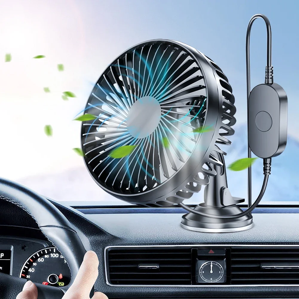 USB Single Head Car Fan 12V/24V with Suction Cup Windshield Desk Fan 360 Degree All-Round Auto Cooler for Vehicle Home Office