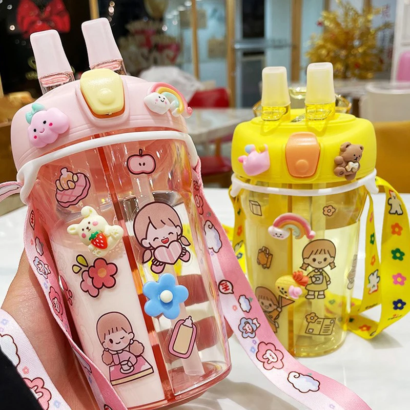 430ml Cute Children Double Drinking Water Bottle Straw Portable