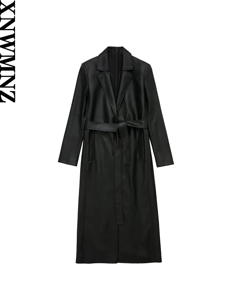 

XNWMNZ Women Fashion Black Belt Faux Leather PU Trench Coat Vintage Long Sleeve Side Pockets Outerwear Female Chic Overcoat