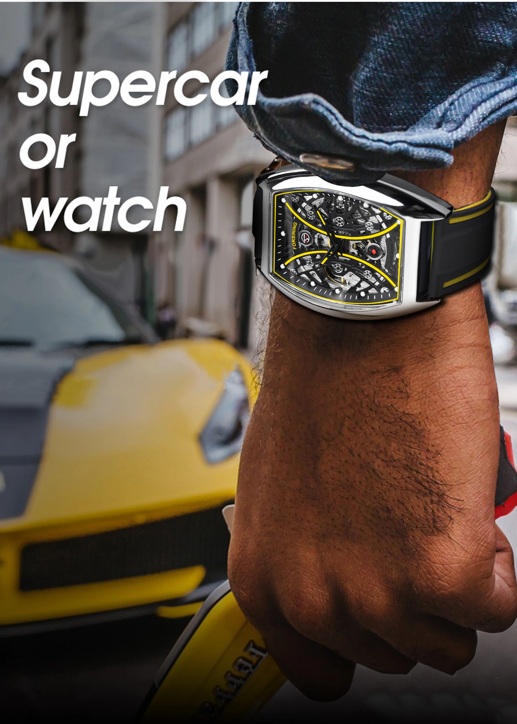 Forsining Skelett-Armbanduhr mit automatischem Aufzug, Gelb/Silber, für Herren, mechanisch, Militäruhr, rechteckig, für Herren, automatische Uhren_voghion.com