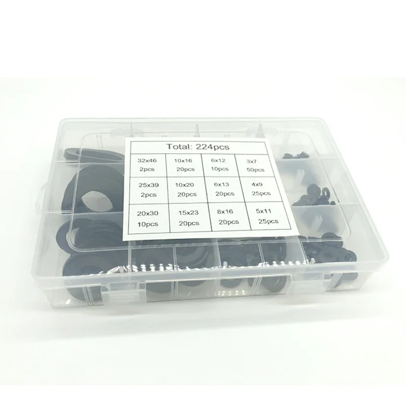 

224 pcs 12 Sizes Black Insulation Ring Rubber Flat Washer Gasket Assortment Kit M2 M2.5 M3 M4 M5 M6 M8 Home Improvement