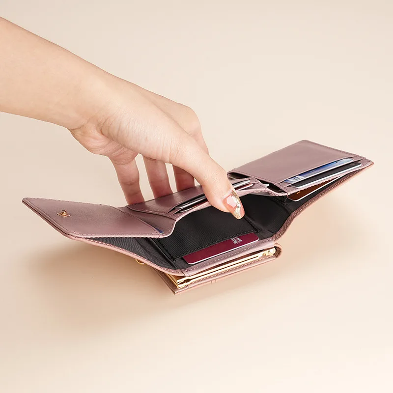 Genuine Leather Women Wallet Luxury Design Mental Hasp Coin Purse Female Fashion Short Wallet Card Holder Trifold Mini Clutch