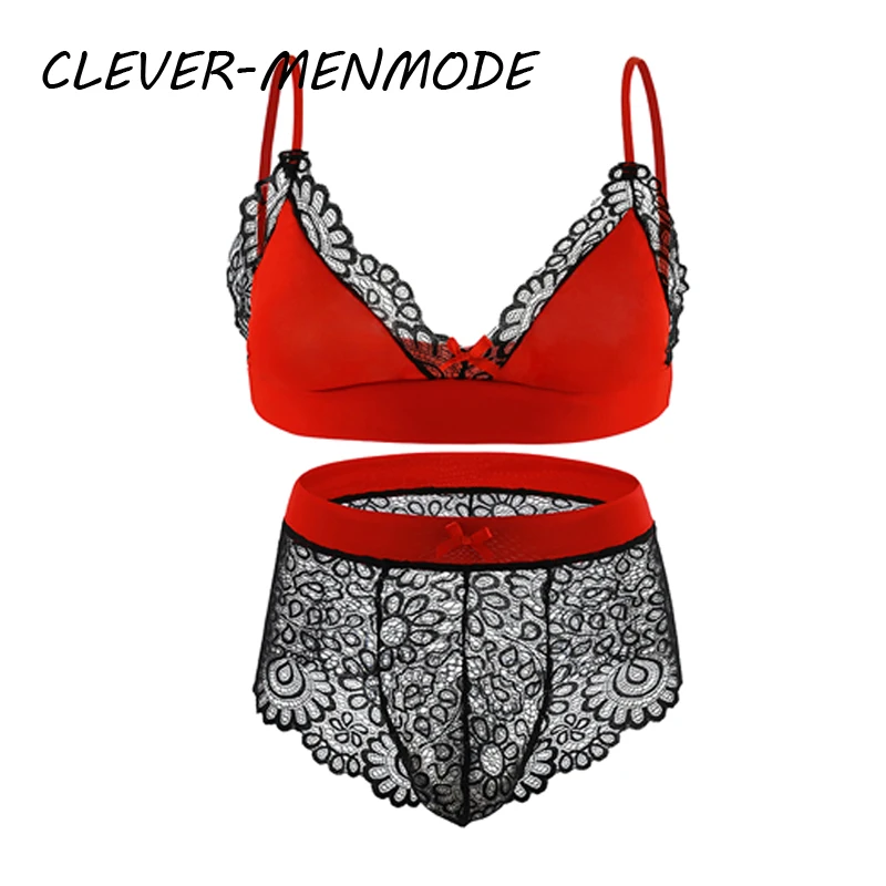 Men Sexy Crossdressing Erotic Sissy Lingerie See Through Mesh Lace Gay Underwear Male Bra Top Transparent Boxers Fetish Customs