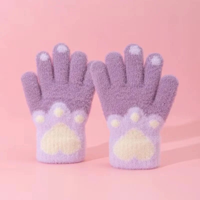 Cute Furry Kitten Glove for Kids Boy Girl Fashion Cartoon Cat Paw Children Glove Autumn Winter Thicken Plush 1 Pair