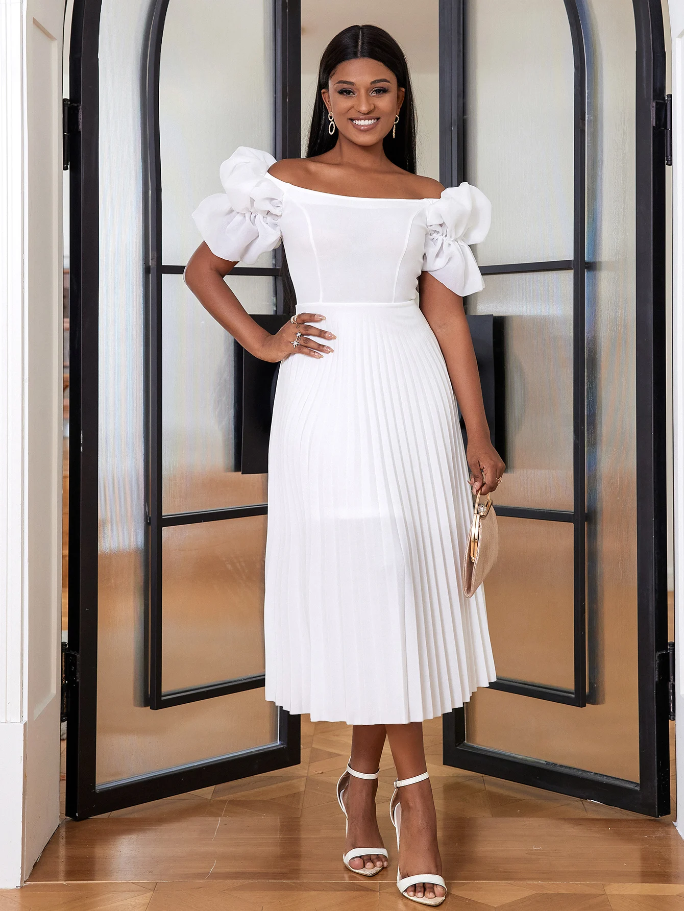 Off Shoulder Pleated Dresses Short Puff Sleeve High Waist A Line