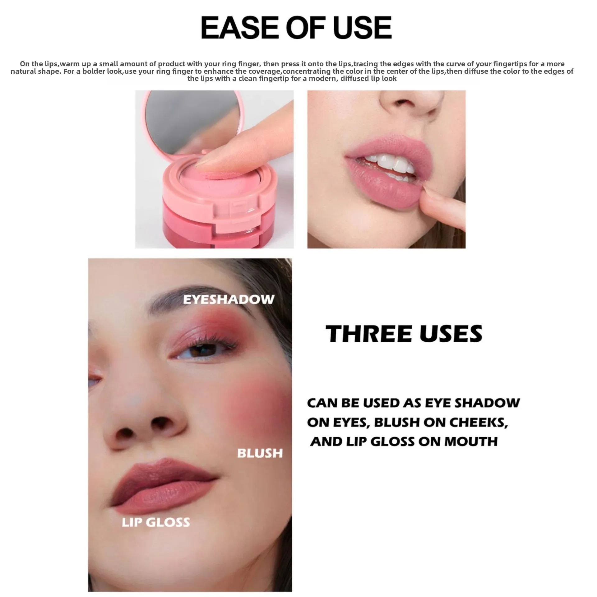 3 in 1 Matte Blush Palette Multifunctional Cheek Eyeshadow Lipstick Tray Mud Texture Makeup Long Lasting Velvet Blusher Cream