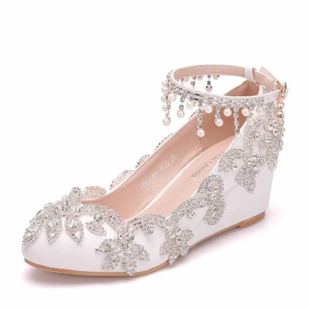 Wedge Chaussure Mariee Boheme Elegant Bridal White Luxury Diamond