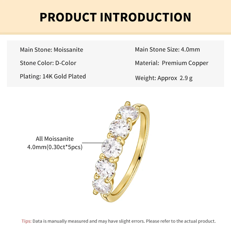 Rrjzz 5-Stein-Moissanit-Ringe für Damen, D-Farbe, VVS1, Labor-Imitationsdiamant, 14K Weißgold plattiert, Verlobungsring, GRA-zertifiziert – Detail 1