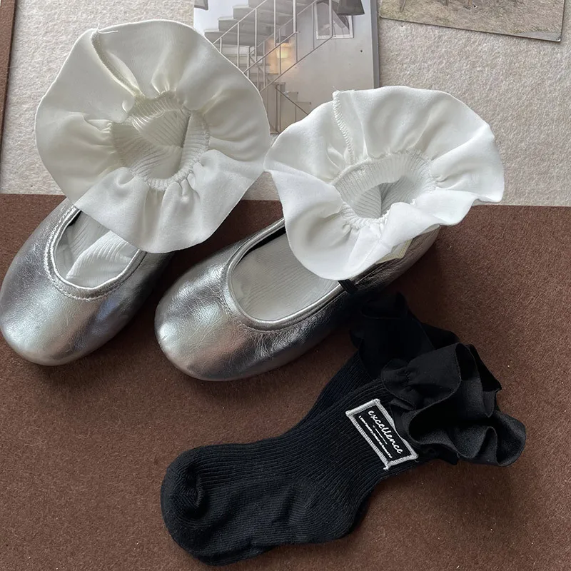 Children Girls Lace Lolita Kids Calf Socks Korean Black White Ruffle Socks for Baby Kids Soft Cotton Spring Frilly School Socks