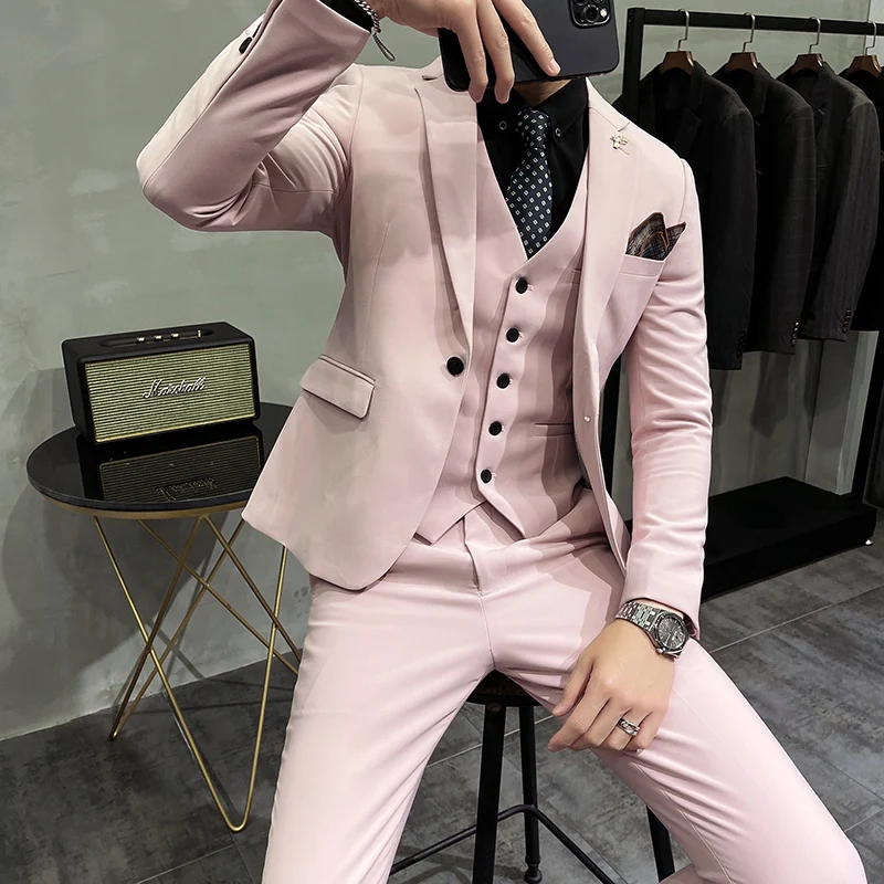 (Giacca + gilet + pantaloni) vestito maschile 3 pezzi Set uomini d'affari abiti blazer Boutique Suit Slim Fit High-end festa formale matrimonio regolare