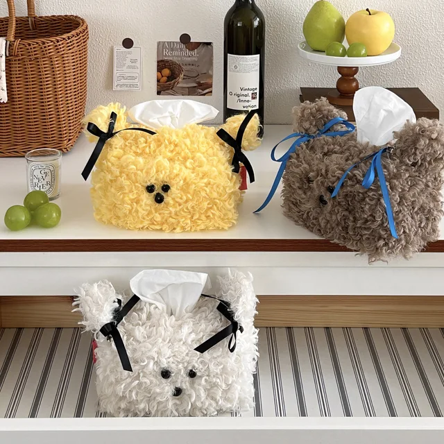 Boîtes à serviettes en forme de chien en peluche de Style nordique, sac d'émission de couleur unie, porte-serviettes en fil, sac à mouchoirs, rangement de serviettes 2
