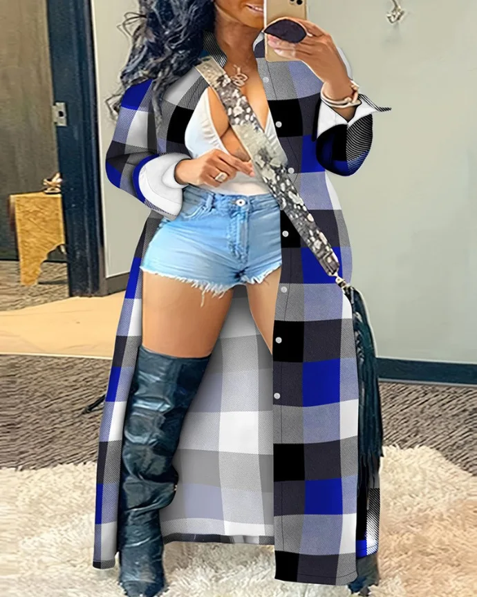 

Women Coats Turn Down Collar Cardigan Single Breasted Button Plaid Jackets Pockets High Street Outerwear Autumn 2023 Loose