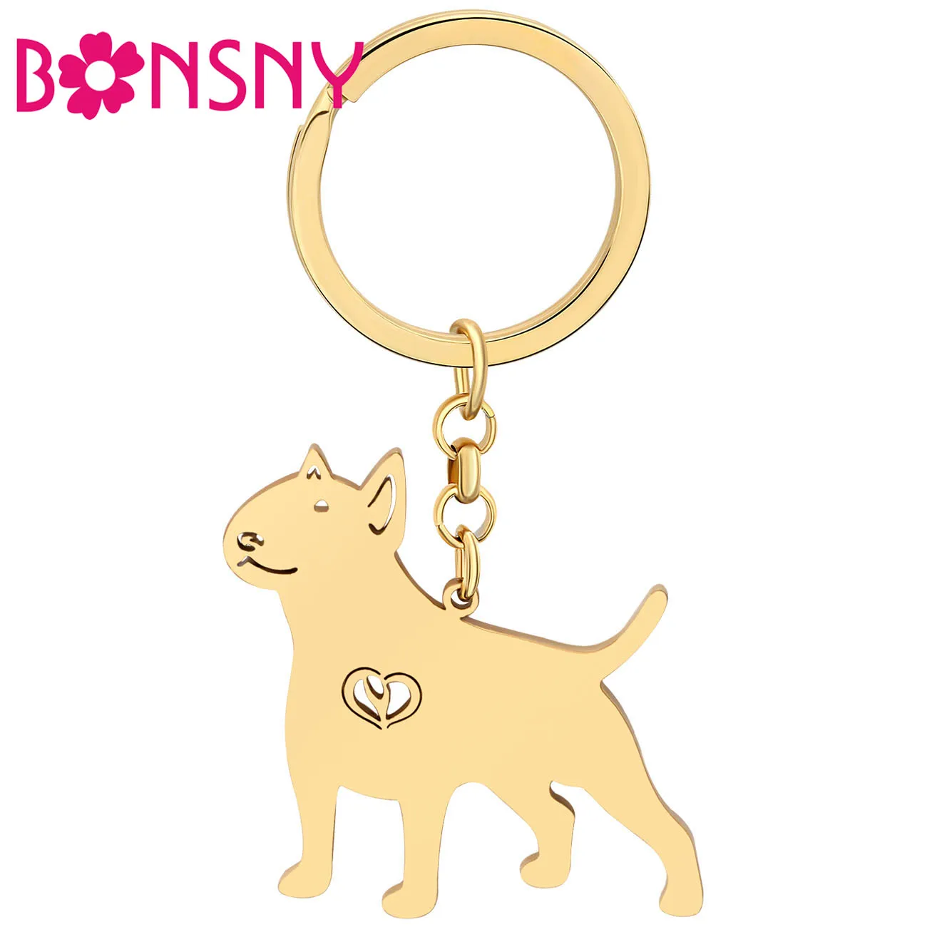 Bonsny Stainless Steel Gold-plated American Pit Bull Terrier Dog Keychains Pet Key Rings Key Chains For Women Teens Girls Gifts