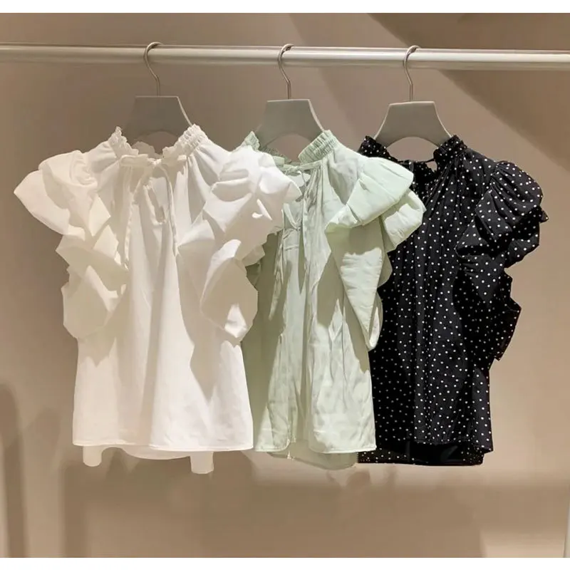 

Japan Style Summer Women Dot Printed Blouse Ruffles Sleeve Elegant Shirts