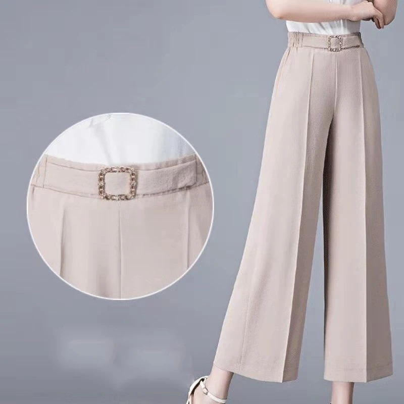 Summer New Casual Solid Color Elastic Waist Wide Leg Pants Fashion Simplicity Straight Trousers Loose Ice Silk Women Clothing